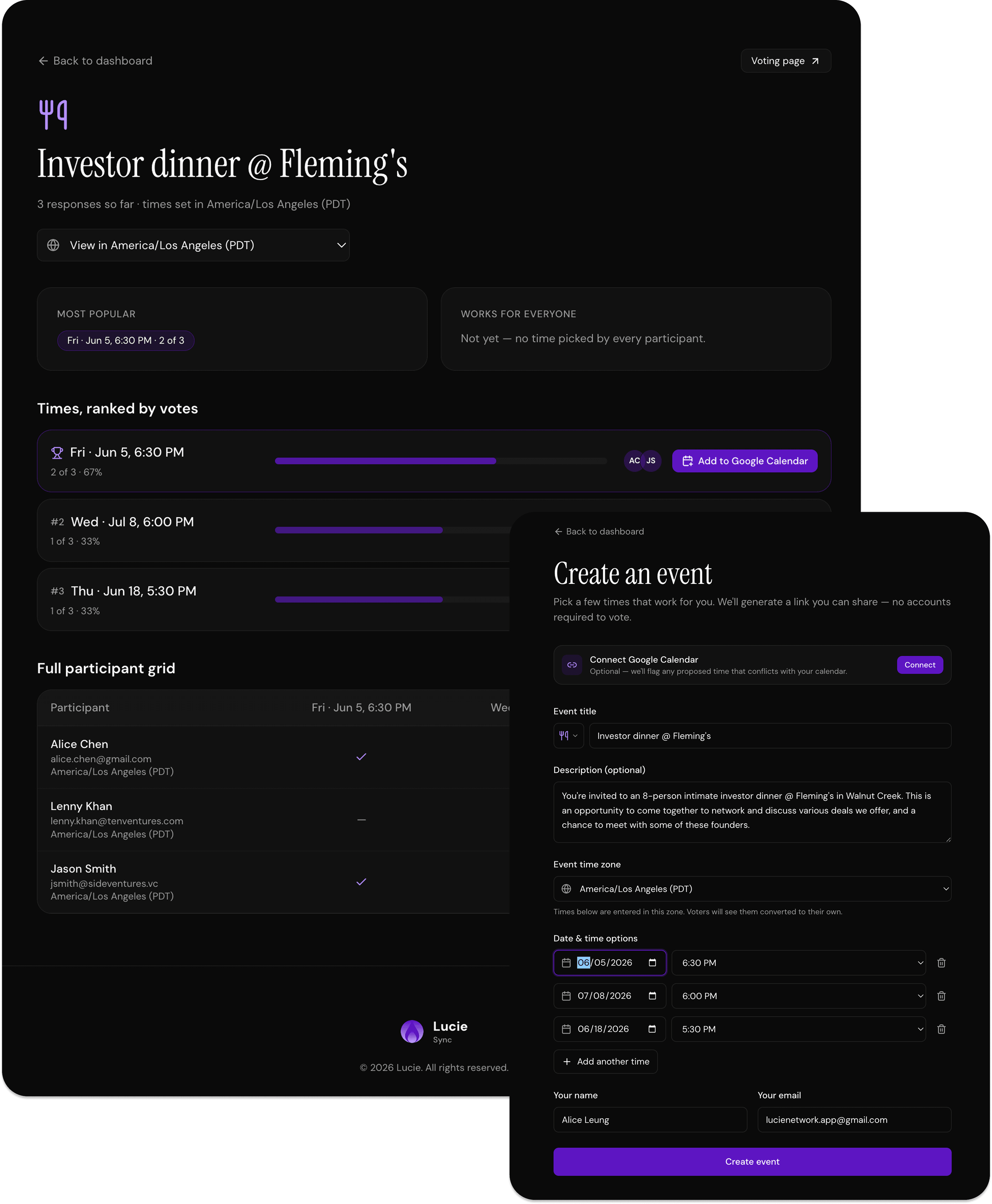 Lucie Sync results page showing voting tallies, with the Create Event form alongside