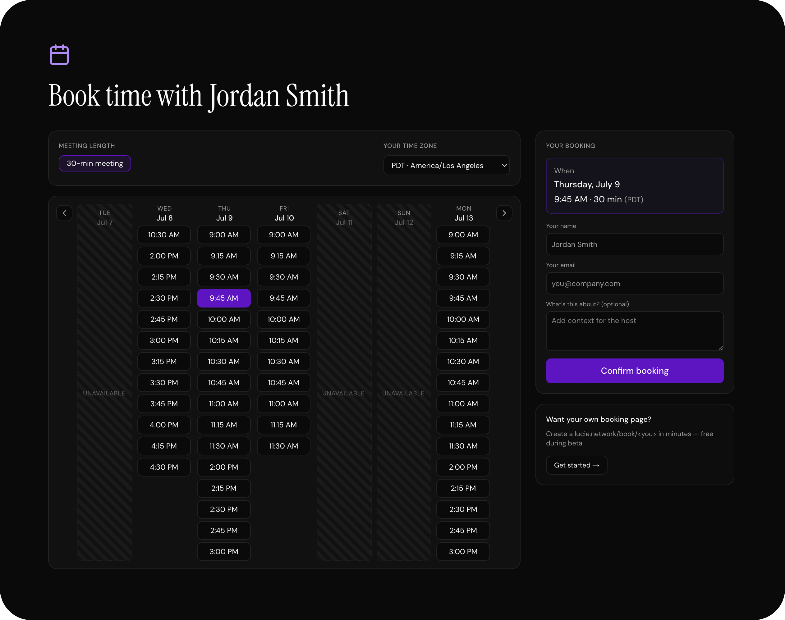 Lucie Sync booking page: booker picking a 30-min meeting slot with Jordan Smith across a week of available times.