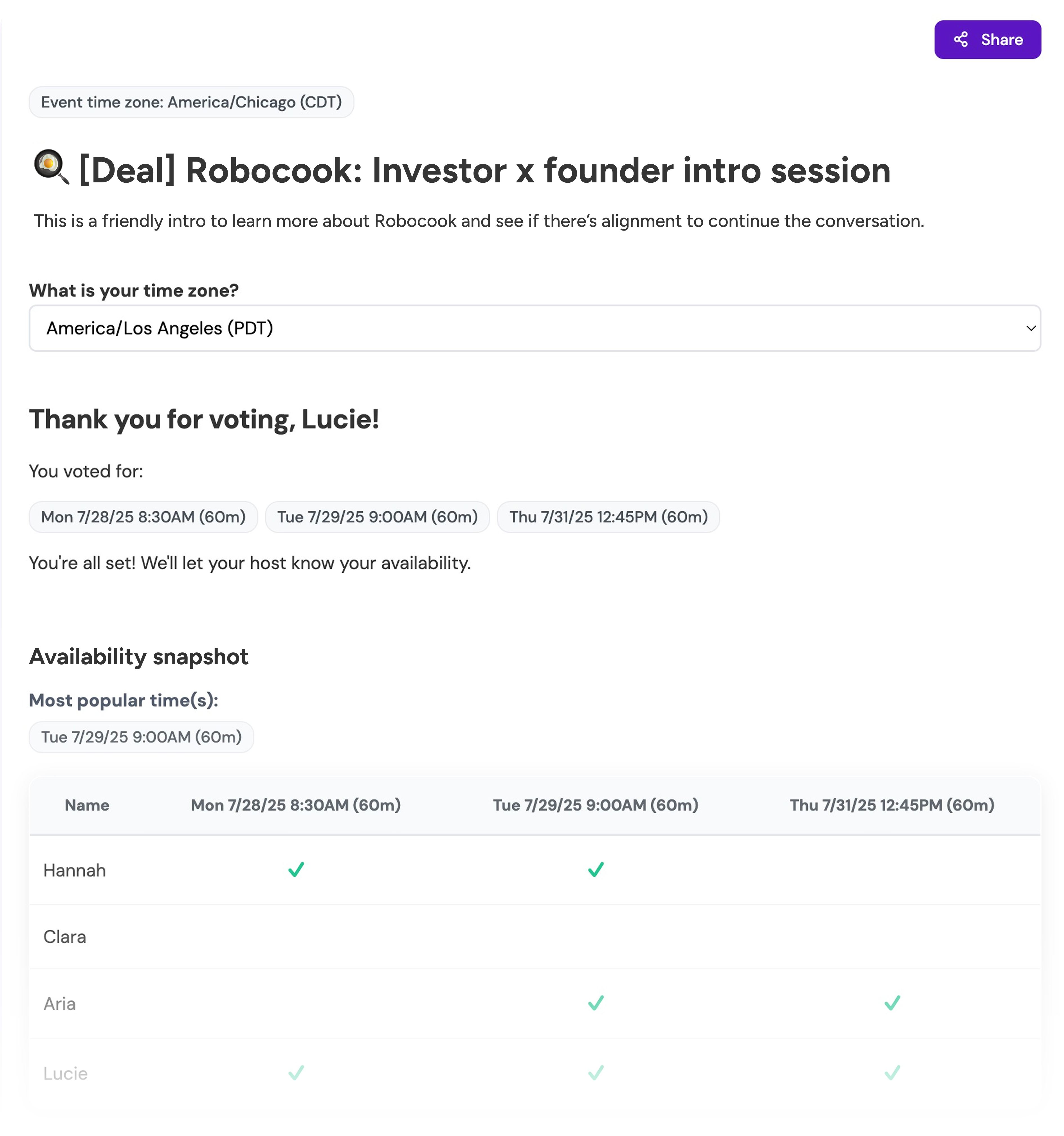Lucie Sync interface showing event creation and voting