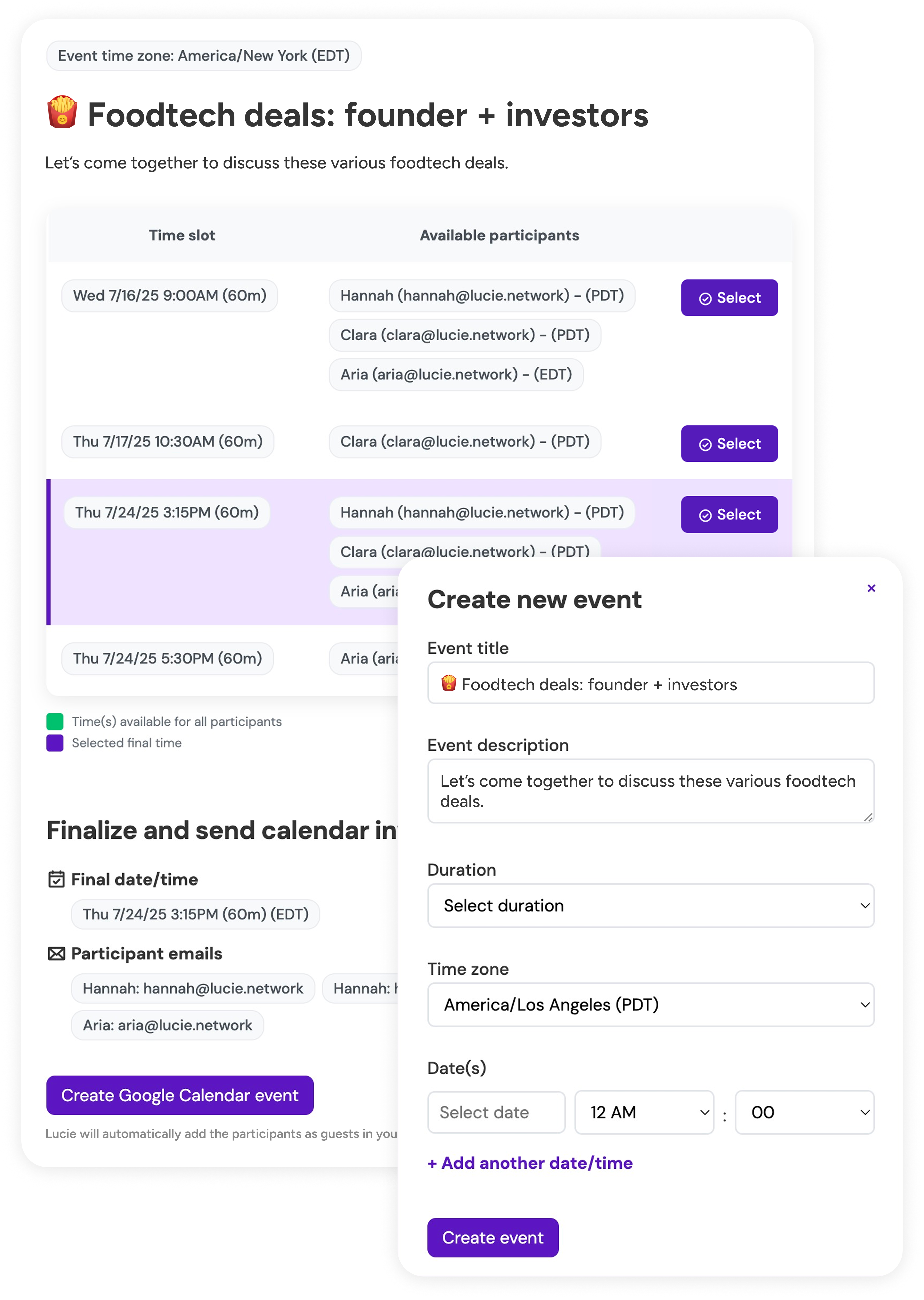 Sync in action - showing the voting interface with time slots and participant selection